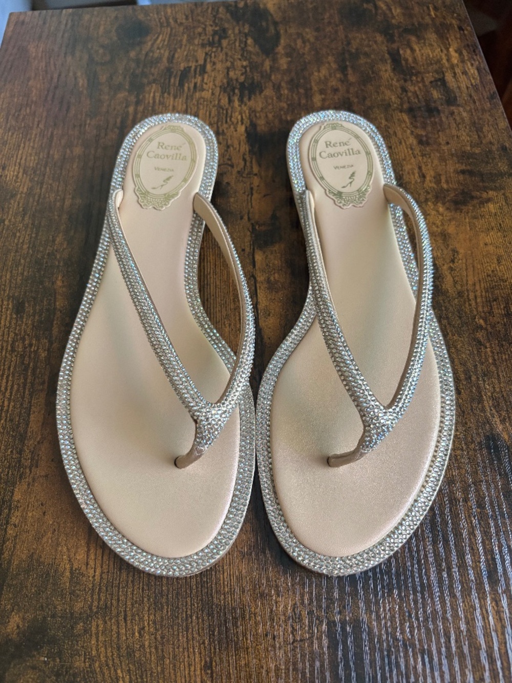 René Caovilla Crystal Thong Sandals Nude 39